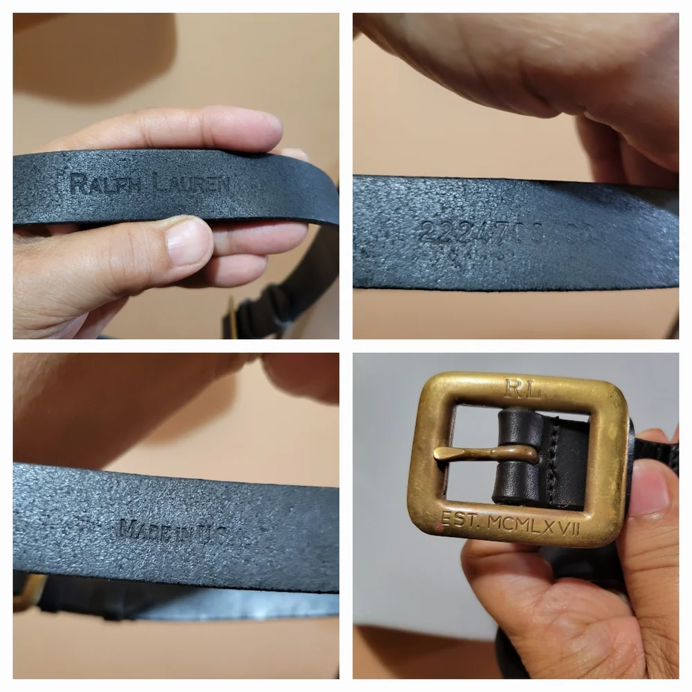 Vtg Ralph Lauren MCMLXVII Embossed Brass Buckle Black Leather Belt Women's 30